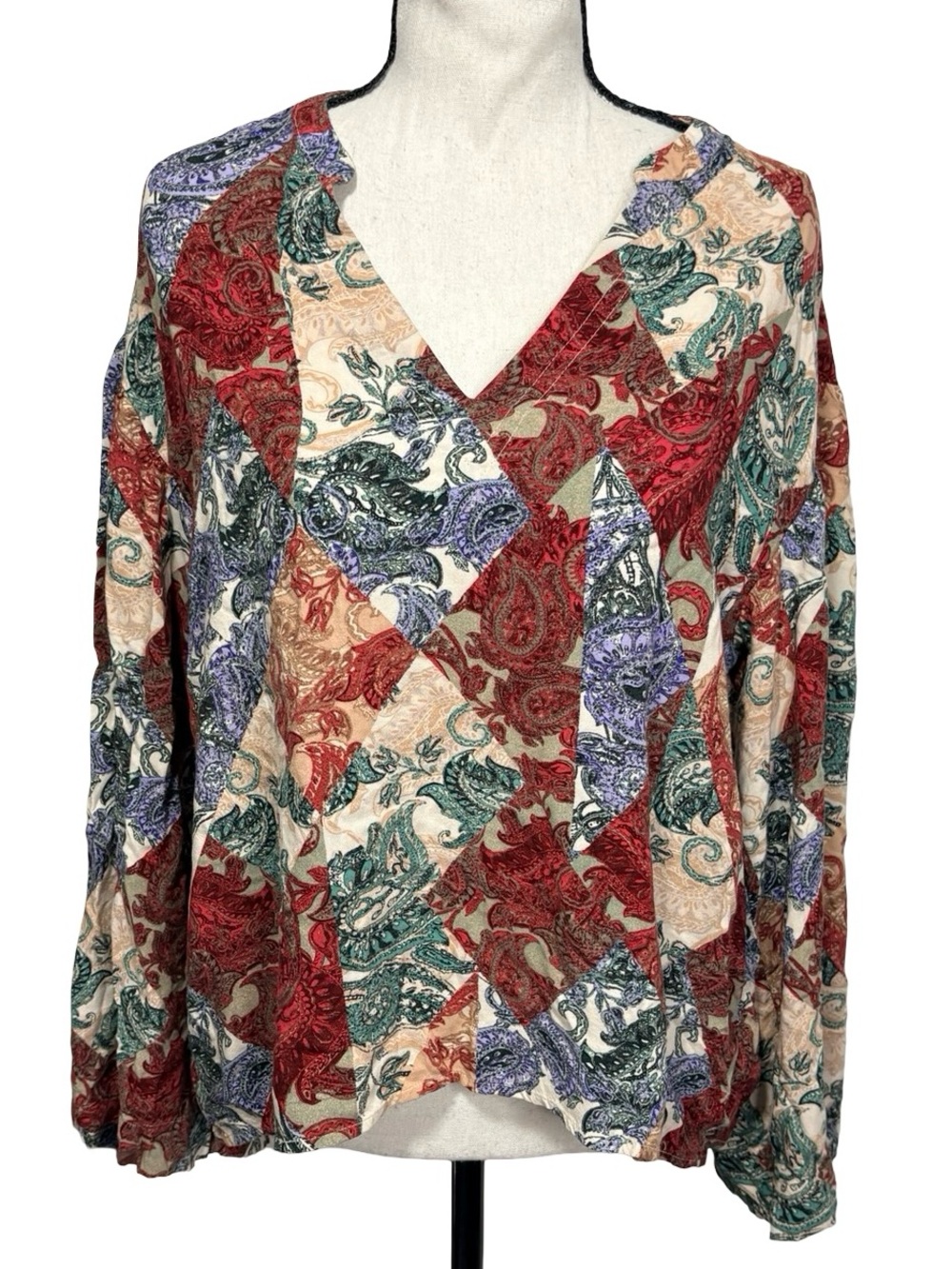 Jessica Simpson Paisley Patchwork V-Neck Blouse Size M Bell Sleeve